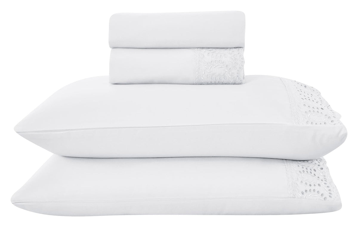 Jogo de Cama 4 Peças Percal 300 Fios com Bordado Inglês Branco