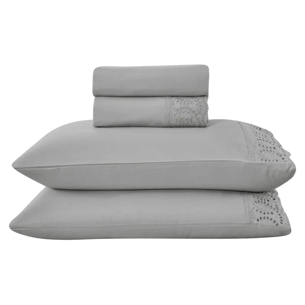 Jogo de Cama 4 Peças Percal 300 Fios com Bordado Inglês Grafite