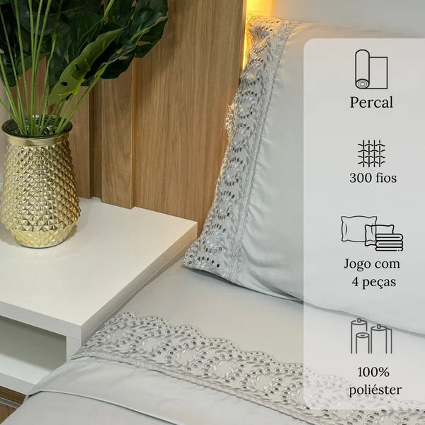 Jogo de Cama 4 Peças Percal 300 Fios com Bordado Inglês Grafite