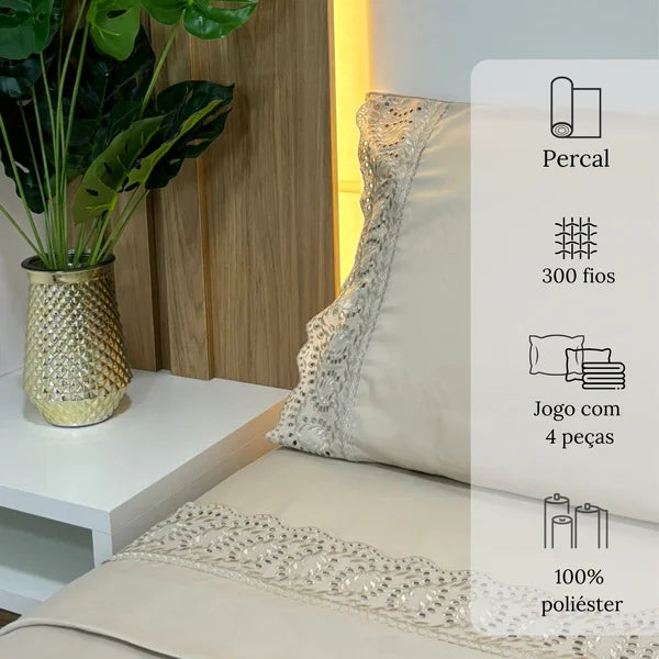 Jogo de Cama 4 Peças Percal 300 Fios com Bordado Inglês Marfim