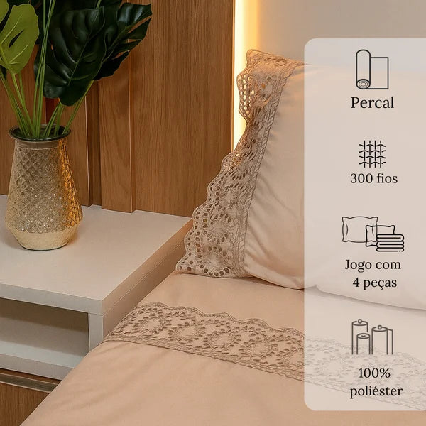 Jogo de Cama 4 Peças Percal 300 Fios com Bordado Inglês Rosé
