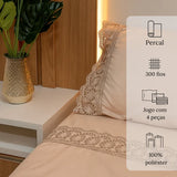 Jogo de Cama 4 Peças Percal 300 Fios com Bordado Inglês Rosé